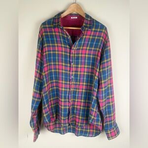 Bugatchi Uomo 100% Linen Colorful Plaid Long Sleeve Button Up Shirt XL Preppy